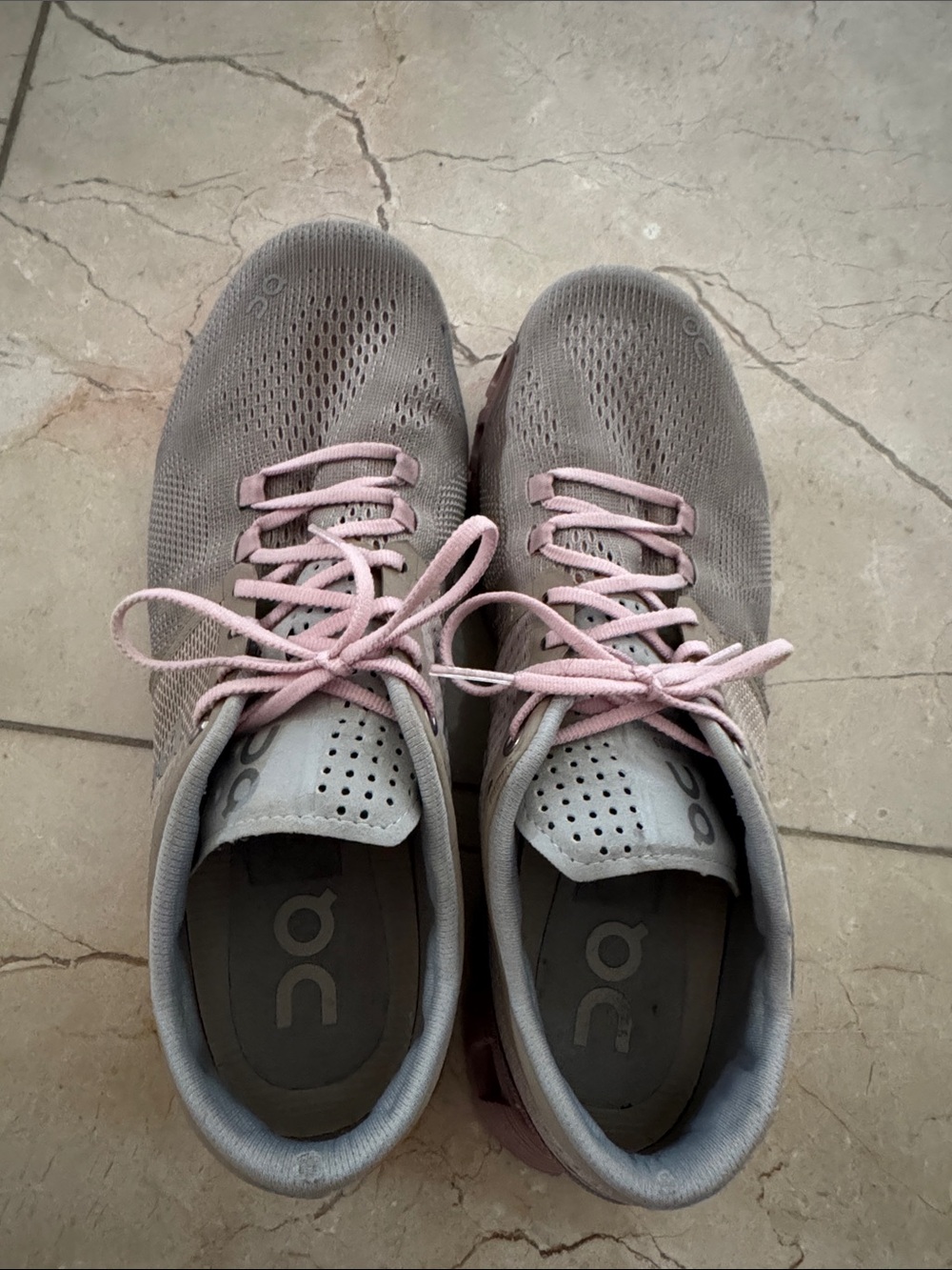 On Running Women's Athletic Sneakers in Gray with Light Pink Laces